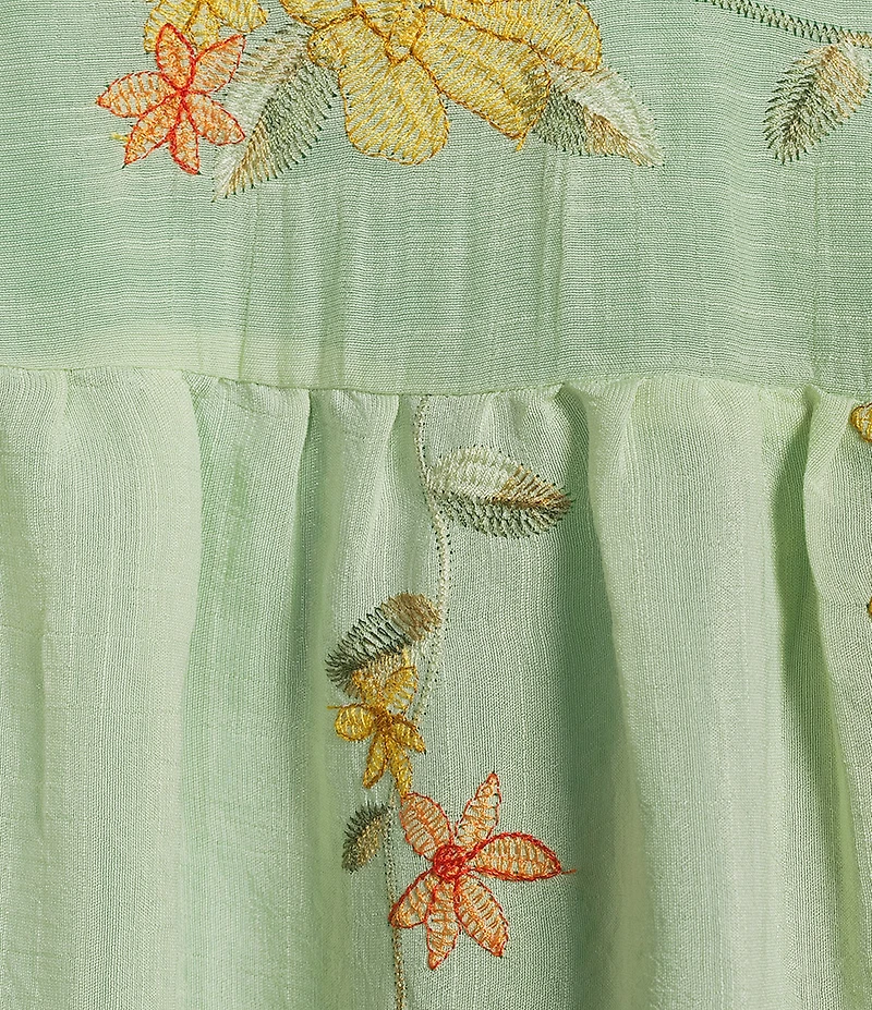 Figueroa & Flower Embroidered Floral Split V-Neck 3/4 Sleeve Relaxed Button Front Shirt