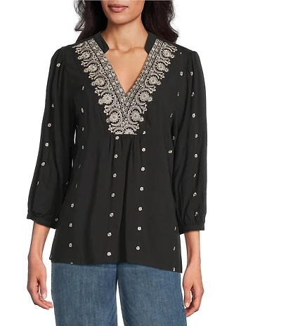 Figueroa & Flower Embroidered Mandarin Collar 3/4 Sleeve Blouse
