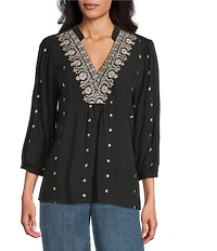 Figueroa & Flower Embroidered Mandarin Collar 3/4 Sleeve Blouse