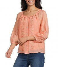 Figueroa & Flower Embroidered Scoop Neck 3/4 Sleeve Button-Front Blouse