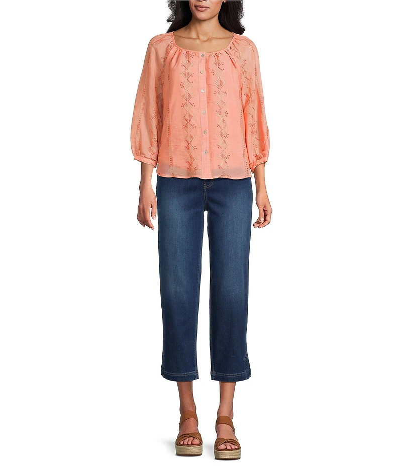 Figueroa & Flower Embroidered Scoop Neck 3/4 Sleeve Button-Front Blouse