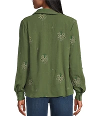 Figueroa & Flower Embroidered Spread Collar Long Roll-Tab Sleeve Button-Front Blouse