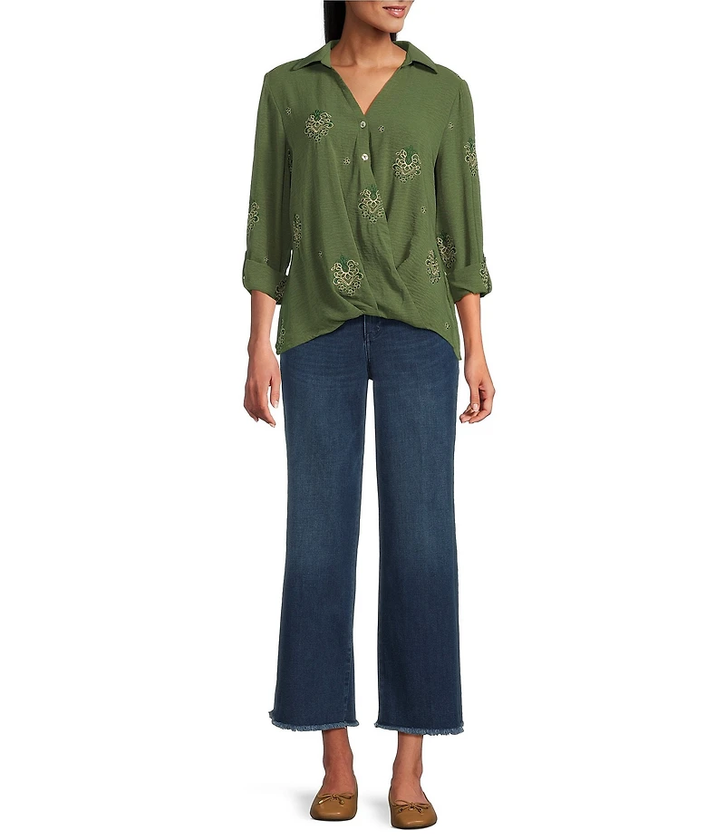 Figueroa & Flower Embroidered Spread Collar Long Roll-Tab Sleeve Button-Front Blouse