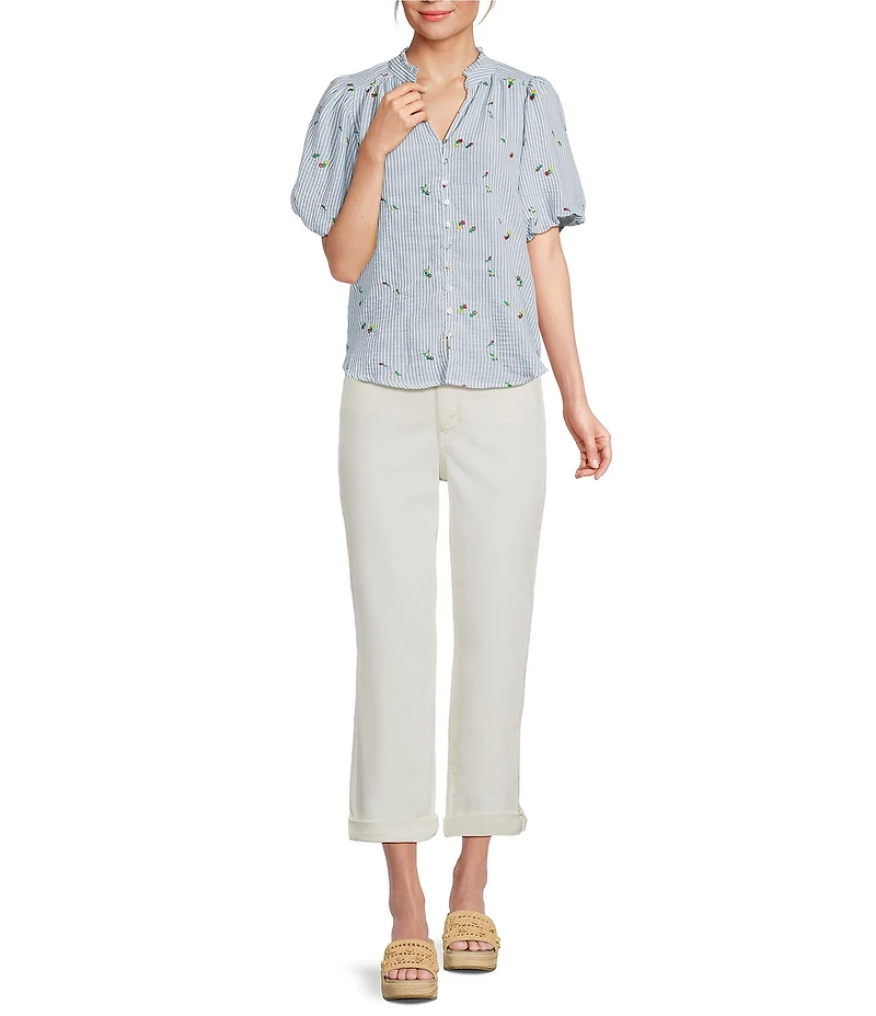 Figueroa & Flower Embroidered Stripe Ruffle Split V-Neck Short Bubble Sleeve Button-Front Blouse