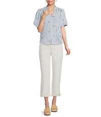Figueroa & Flower Embroidered Stripe Ruffle Split V-Neck Short Bubble Sleeve Button-Front Blouse