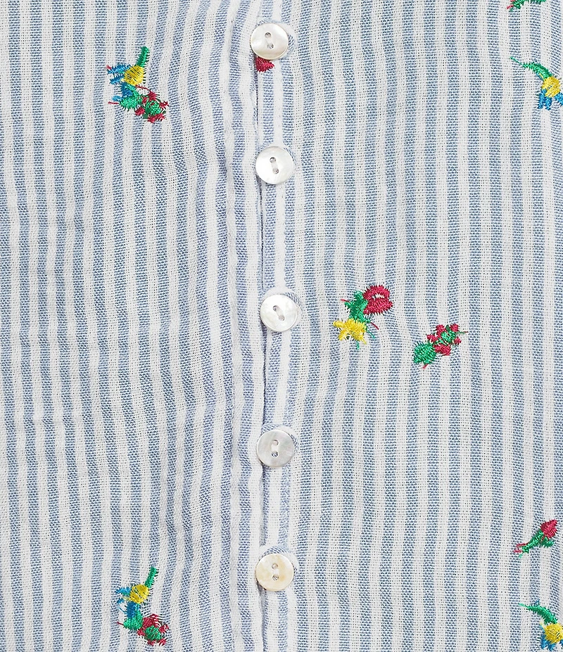 Figueroa & Flower Embroidered Stripe Ruffle Split V-Neck Short Bubble Sleeve Button-Front Blouse