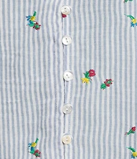 Figueroa & Flower Embroidered Stripe Ruffle Split V-Neck Short Bubble Sleeve Button-Front Blouse