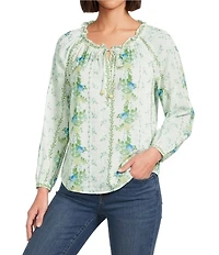 Figueroa & Flower Evangeline Clip Dot Woven Floral Printed Mandarin Collar Long Sleeve Blouse