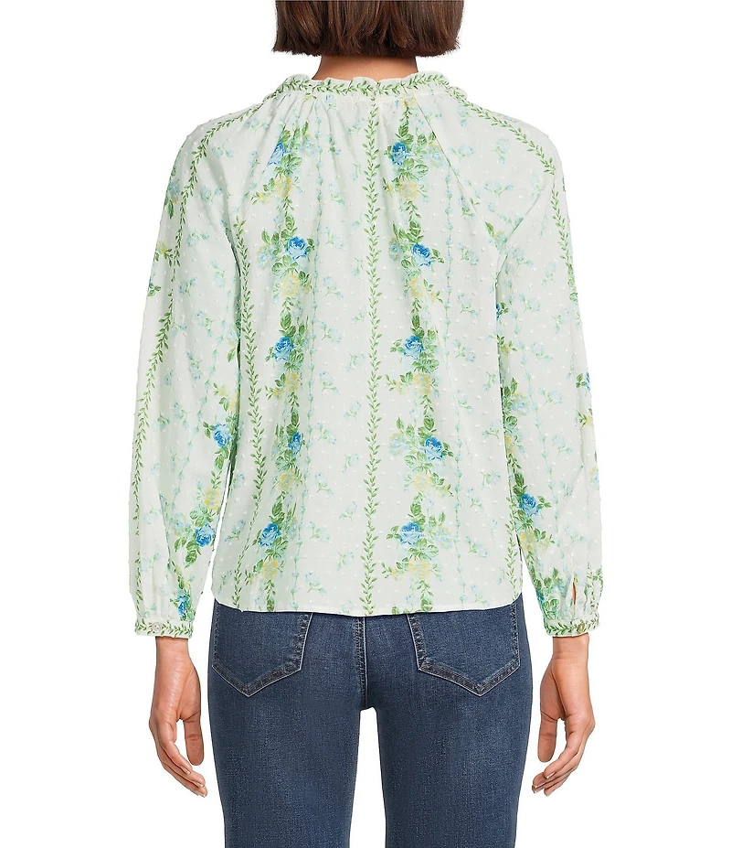 Figueroa & Flower Evangeline Clip Dot Woven Floral Printed Mandarin Collar Long Sleeve Blouse