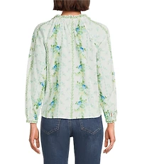 Figueroa & Flower Evangeline Clip Dot Woven Floral Printed Mandarin Collar Long Sleeve Blouse