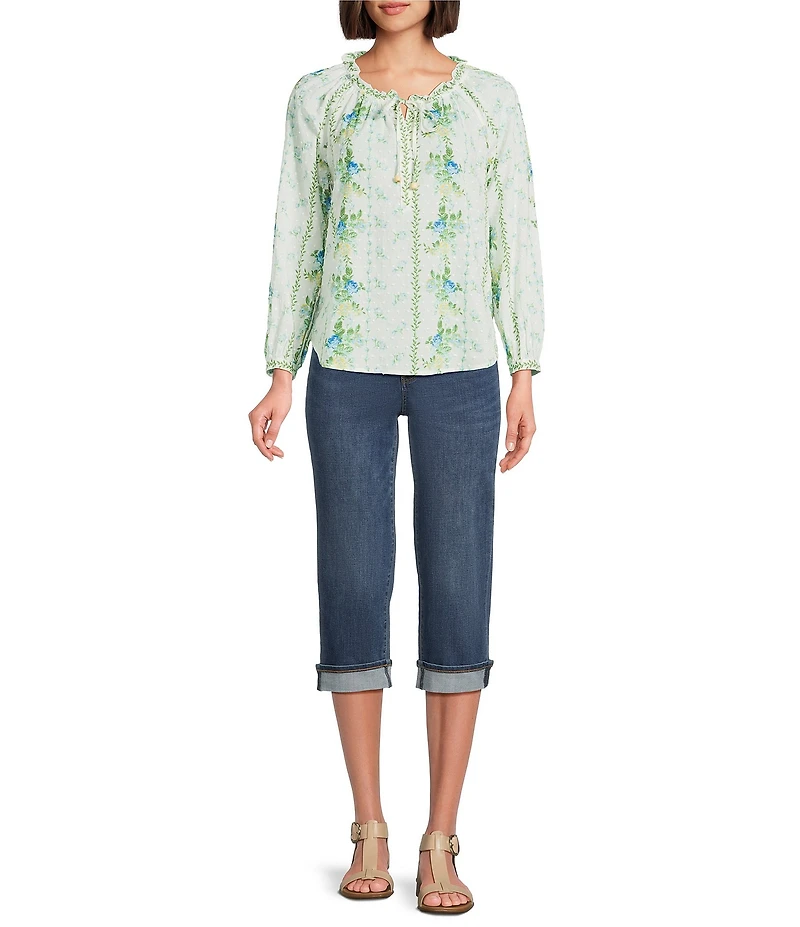 Figueroa & Flower Evangeline Clip Dot Woven Floral Printed Mandarin Collar Long Sleeve Blouse