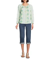 Figueroa & Flower Evangeline Clip Dot Woven Floral Printed Mandarin Collar Long Sleeve Blouse