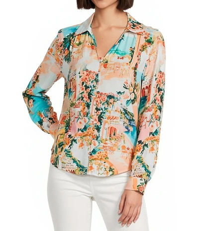 Figueroa & Flower Jordan Woven Printed Point Collar Long Sleeve Button-Front Blouse