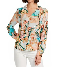 Figueroa & Flower Jordan Woven Printed Point Collar Long Sleeve Button-Front Blouse