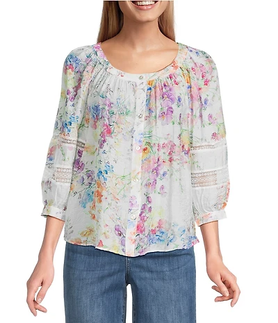 Figueroa & Flower Petite Size Bernice Floral Mandarin Collar Long Sleeve Button-Front Blouse