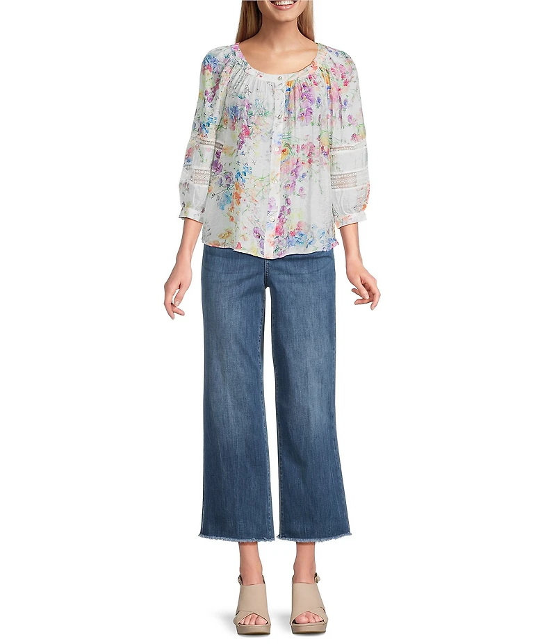 Figueroa & Flower Petite Size Bernice Floral Mandarin Collar Long Sleeve Button-Front Blouse