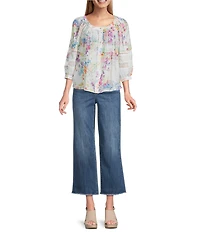 Figueroa & Flower Petite Size Bernice Floral Mandarin Collar Long Sleeve Button-Front Blouse