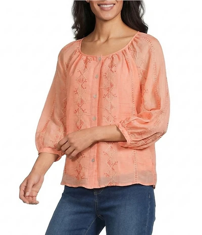 Figueroa & Flower Petite Size Embroidered Scoop Neck 3/4 Sleeve Button-Front Blouse