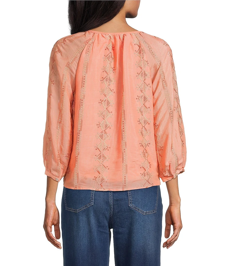 Figueroa & Flower Petite Size Embroidered Scoop Neck 3/4 Sleeve Button-Front Blouse