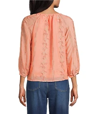 Figueroa & Flower Petite Size Embroidered Scoop Neck 3/4 Sleeve Button-Front Blouse