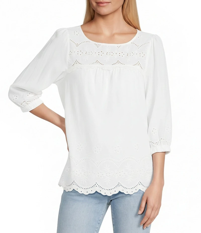 Figueroa & Flower Petite Size Fern Embroidered Crew Neck 3/4 Sleeve Scalloped Hem Blouse