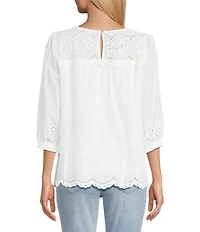 Figueroa & Flower Petite Size Fern Embroidered Crew Neck 3/4 Sleeve Scalloped Hem Blouse