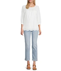 Figueroa & Flower Petite Size Fern Embroidered Crew Neck 3/4 Sleeve Scalloped Hem Blouse