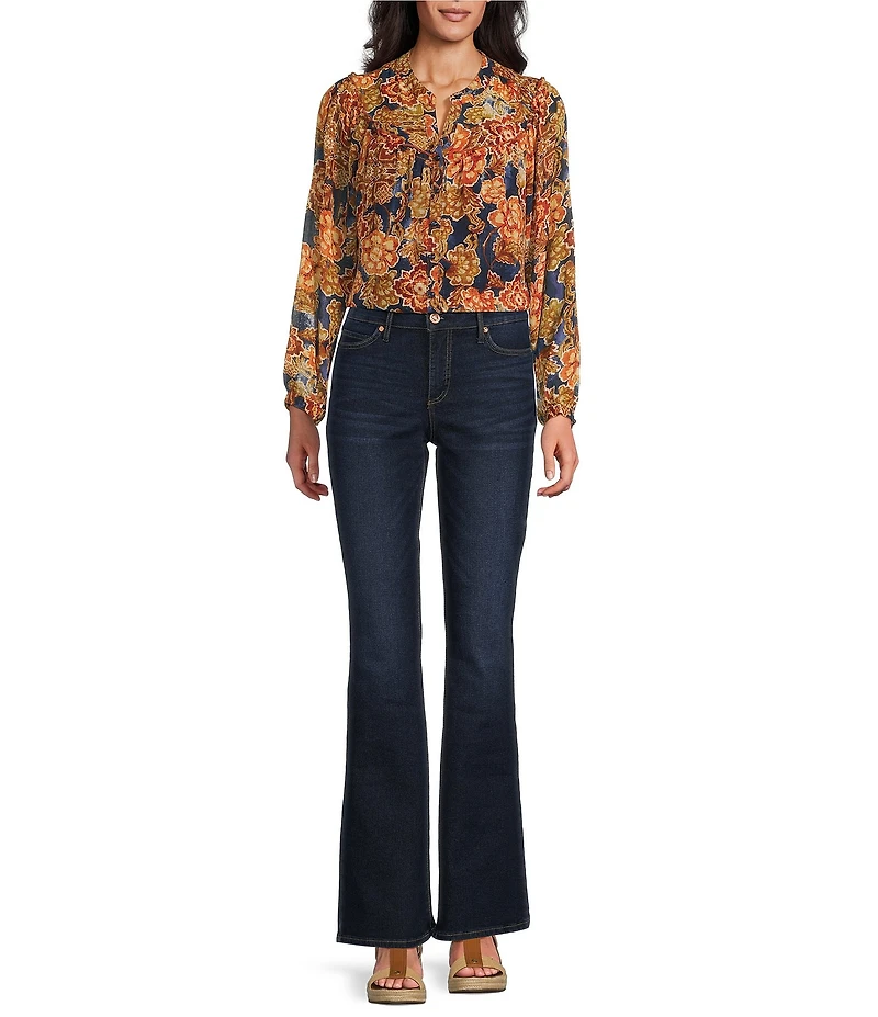 Figueroa & Flower Petite Size Floral Split V-Neck Long Sleeve Button-Front Blouse