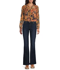 Figueroa & Flower Petite Size Floral Split V-Neck Long Sleeve Button-Front Blouse