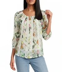 Figueroa & Flower Petite Size Paris Woven Printed Lace Detail Scoop Neck 3/4 Sleeve Blouse