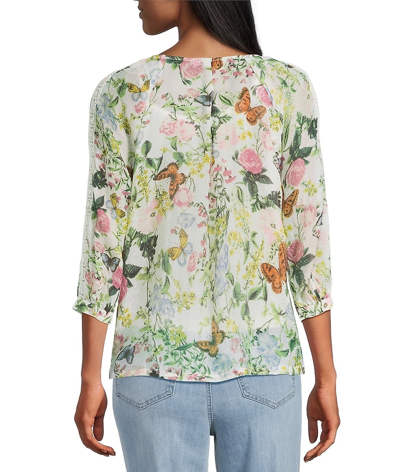 Figueroa & Flower Petite Size Paris Woven Printed Lace Detail Scoop Neck 3/4 Sleeve Blouse