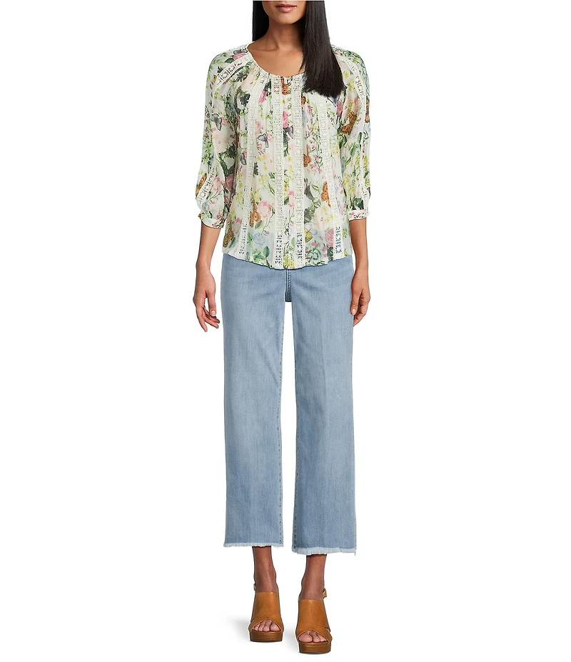 Figueroa & Flower Petite Size Paris Woven Printed Lace Detail Scoop Neck 3/4 Sleeve Blouse