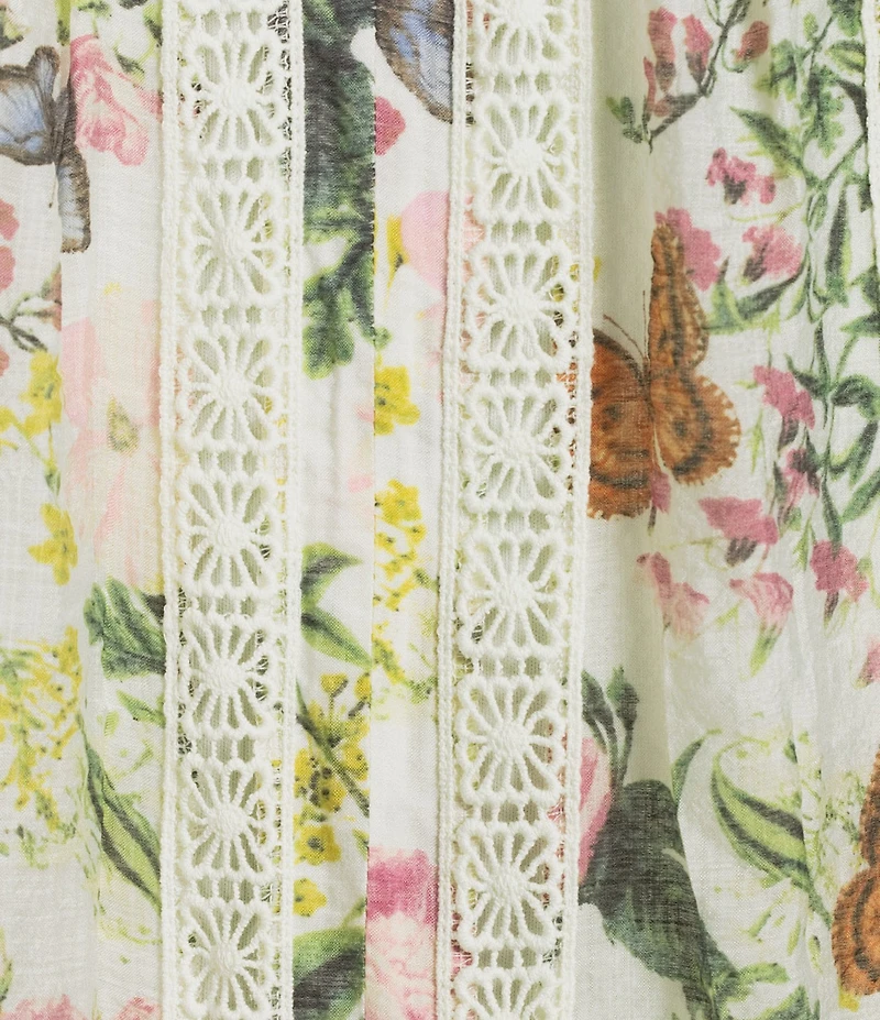 Figueroa & Flower Petite Size Paris Woven Printed Lace Detail Scoop Neck 3/4 Sleeve Blouse