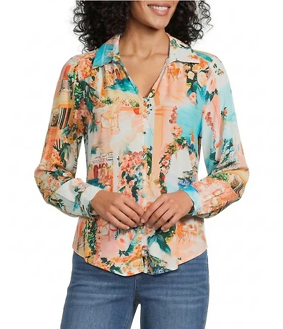 Figueroa & Flower Petite Size Printed Collared Long Sleeve Button Front Blouse