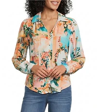 Figueroa & Flower Petite Size Printed Collared Long Sleeve Button Front Blouse