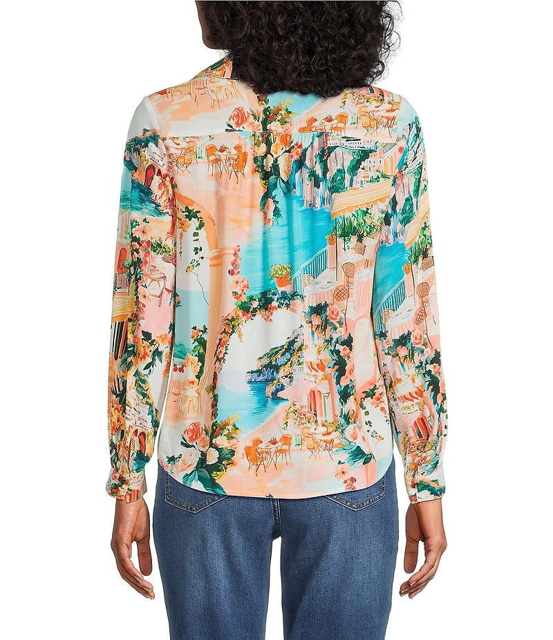 Figueroa & Flower Petite Size Printed Collared Long Sleeve Button Front Blouse