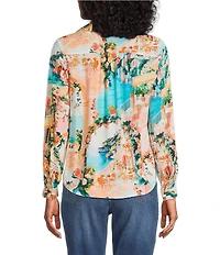 Figueroa & Flower Petite Size Printed Collared Long Sleeve Button Front Blouse