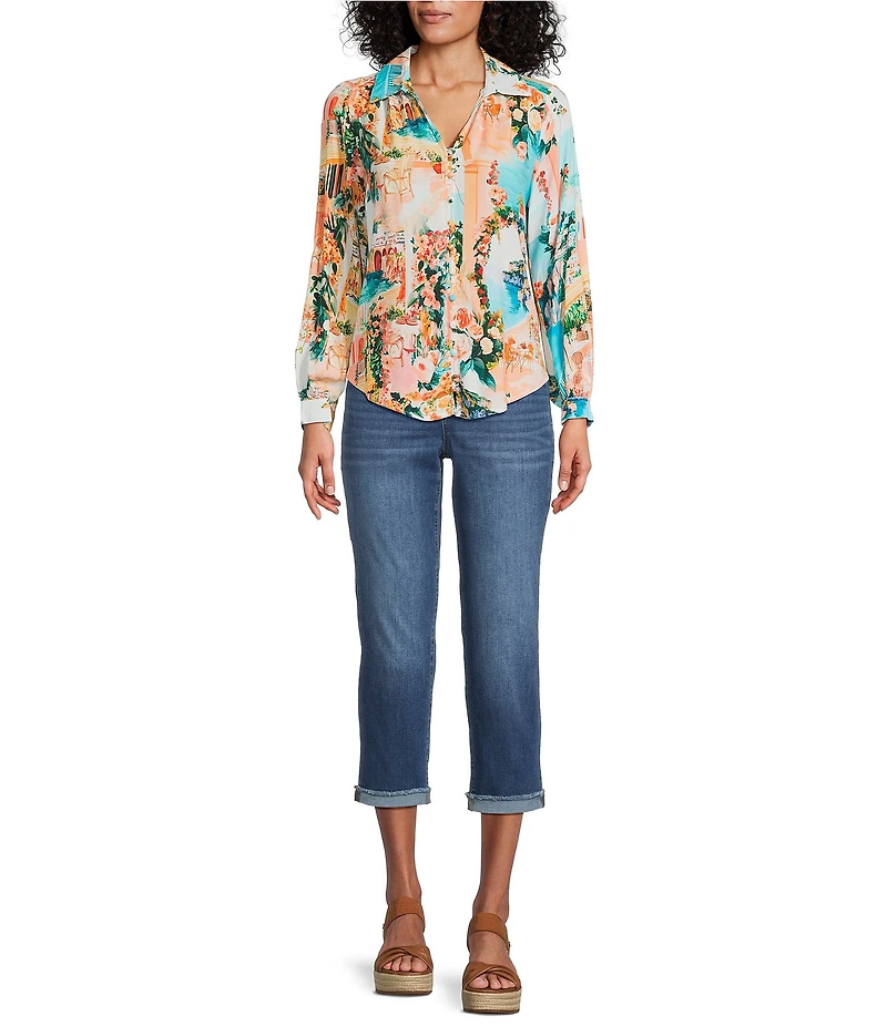 Figueroa & Flower Petite Size Printed Collared Long Sleeve Button Front Blouse