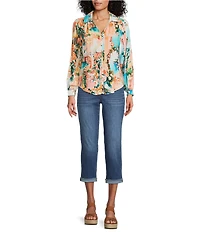 Figueroa & Flower Petite Size Printed Collared Long Sleeve Button Front Blouse