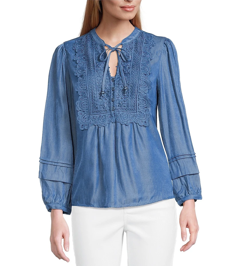 Figueroa & Flower Petite Size Woven Split V-Neck 3/4 Sleeve Lace Front Tie Top