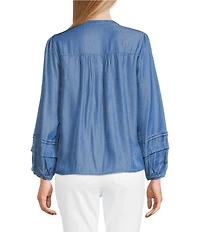 Figueroa & Flower Petite Size Woven Split V-Neck 3/4 Sleeve Lace Front Tie Top