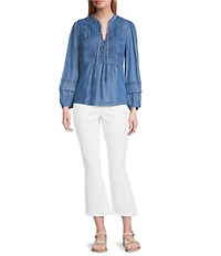 Figueroa & Flower Petite Size Woven Split V-Neck 3/4 Sleeve Lace Front Tie Top