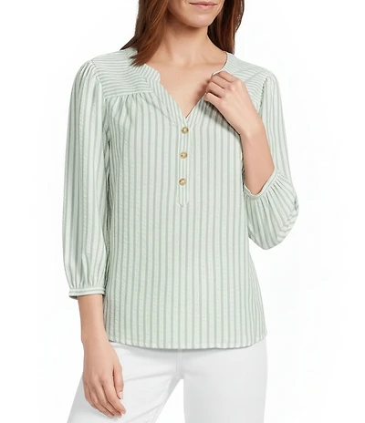 Figueroa & Flower Petite Size Yarn-Dyed Stripe Mandarin Collar 3/4 Sleeve Blouse