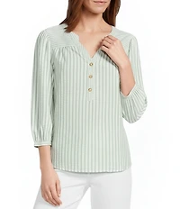 Figueroa & Flower Petite Size Yarn-Dyed Stripe Mandarin Collar 3/4 Sleeve Blouse