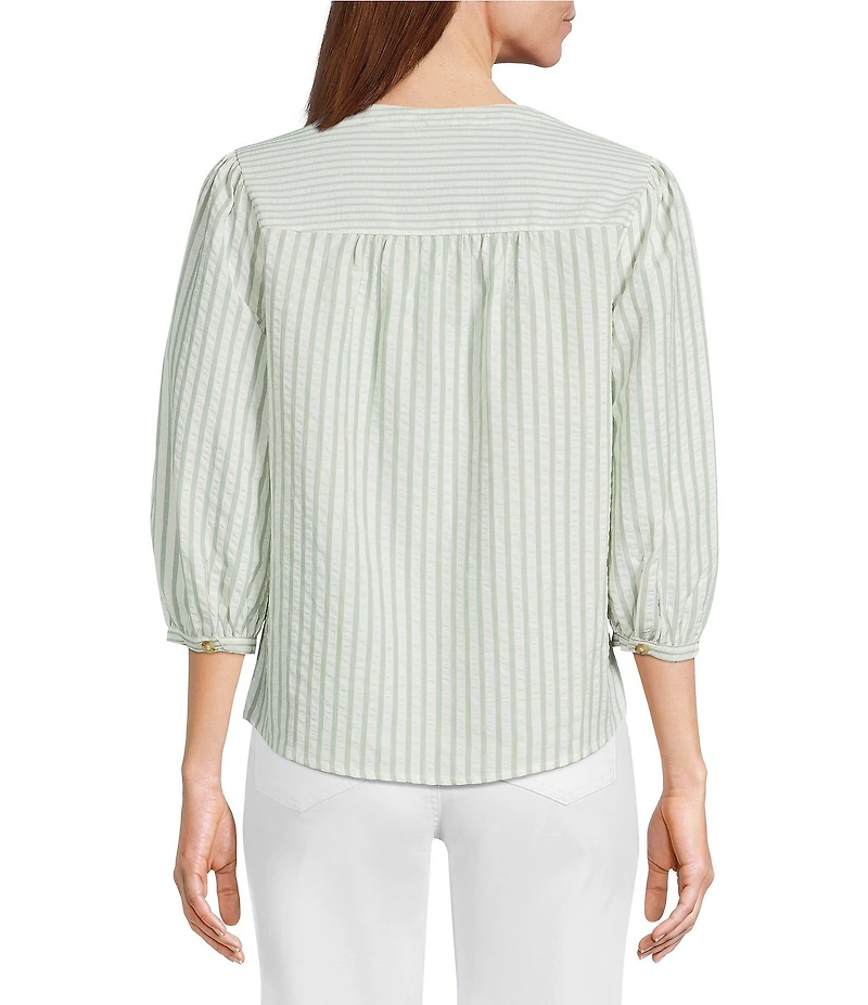 Figueroa & Flower Petite Size Yarn-Dyed Stripe Mandarin Collar 3/4 Sleeve Blouse