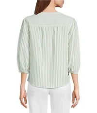 Figueroa & Flower Petite Size Yarn-Dyed Stripe Mandarin Collar 3/4 Sleeve Blouse