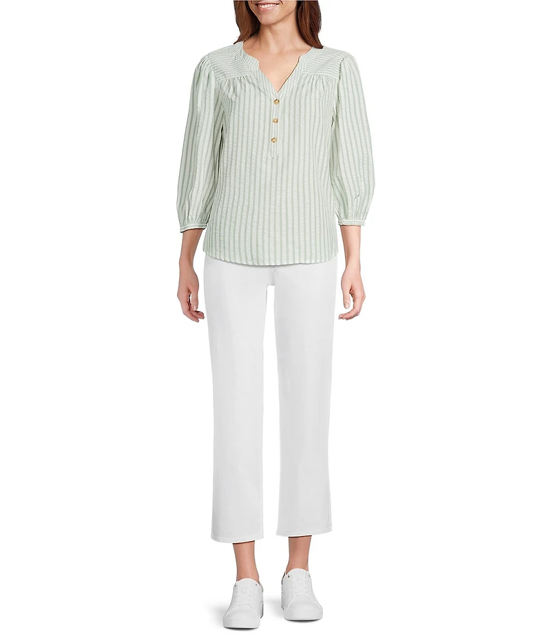 Figueroa & Flower Petite Size Yarn-Dyed Stripe Mandarin Collar 3/4 Sleeve Blouse