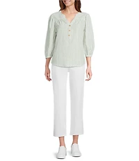 Figueroa & Flower Petite Size Yarn-Dyed Stripe Mandarin Collar 3/4 Sleeve Blouse