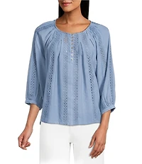 Figueroa & Flower Scoop Neck 3/4 Sleeve Lace Denim Blouse