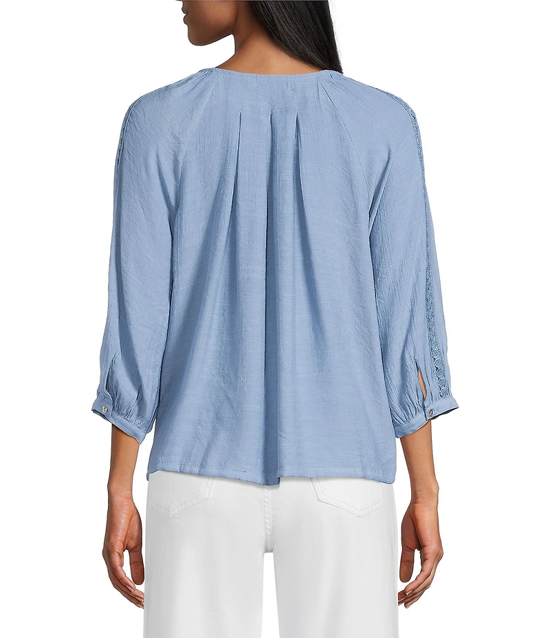 Figueroa & Flower Scoop Neck 3/4 Sleeve Lace Denim Blouse